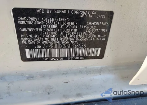 2025 Subaru Crosstrek Premium из США, поврежденный, VIN JF2GUHDC9SH336936